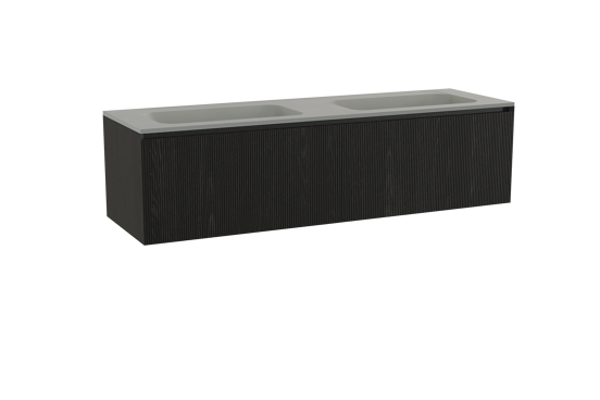 Balmani Fila hängendes Möbelstück Set: 180 x 55 cm, Schwarze Eiche, mit Tablo Strada Doppelwaschtisch, Marmorkomposit, Seidengrau, Vertikale symmetrische gerade Rippe