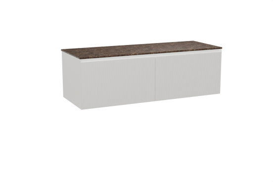 Balmani Fila zwevend badkamermeubel 150 x 55 cm mat wit met Stretto enkel of dubbel tablet in marmer dark emperador, Verticale symmetrische rechte ribbel