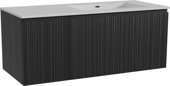 Storke Ribs zwevend badmeubel 120 x 52 cm zwart eiken met Diva asymmetrisch rechtse wastafel in composietmarmer hoogglans wit, Verticale asymmetrische rechte ribbel