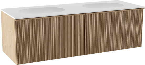Balmani Forma zwevend badkamermeubel 150 x 55 cm natuur eik met Tablo Oval dubbele wastafel in solid surface mat wit, Verticale asymmetrische ronde ribbel