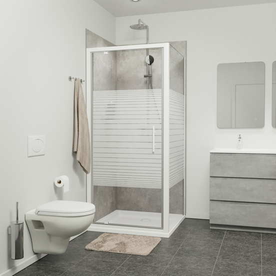 SanyOne Anton douchehoek met draaideur en vaste zijwand, 90 x 90 cm, gestreept glas, witte profielen