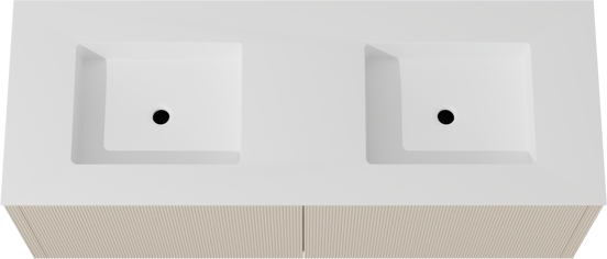 Balmani Eclips zwevend badkamermeubel 150 x 55 cm Sandbeige met Tablo Stretto dubbele wastafel in Solid Surface mat wit, Verticale symmetrische rechte ribbel