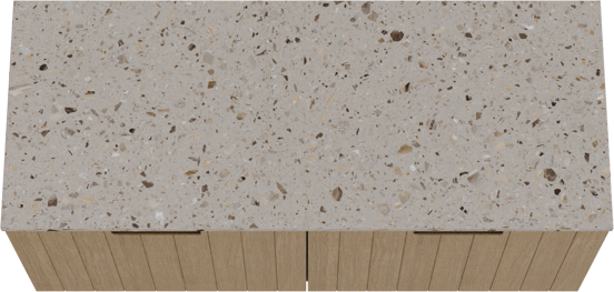 Balmani Adagio zwevend badkamermeubel 135 x 55 cm verweerde eik met Stretto enkel of dubbel tablet in terrazzo greige terrazzo