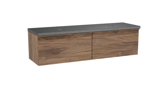 Balmani Forma hängendes Möbelstück Set: 180 x 55 cm, Amerikanischer Nussbaum, mit Rock Doppel Waschtischplatte, Granit, Schwarzes Granit, Horizontale symmetrische gerade Rippe