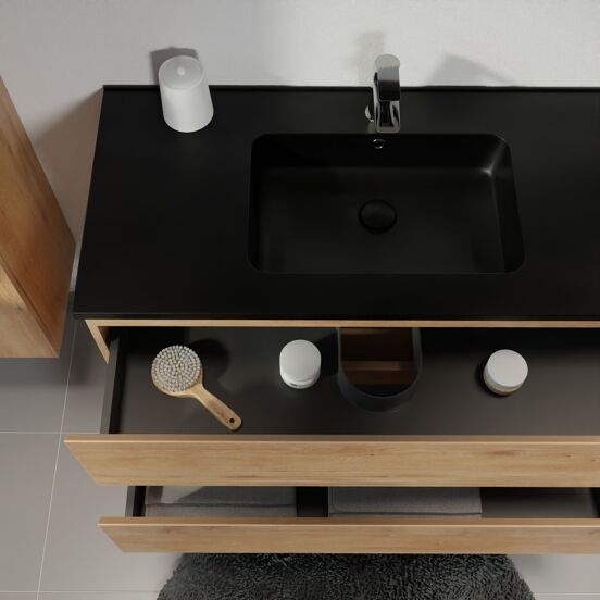 Linie Lado zwevend badkamermeubel 80 x 46 cm natuur eik met Vano enkele wastafel in composietmarmer mat zwart