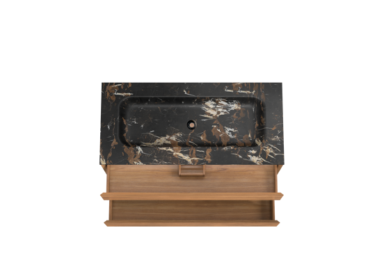 Balmani Mitra hängendes Möbelstück Set: 120 x 55 cm, Teak, mit Tablo Arcato Einzelwaschtisch für 2 Armaturenlöcher, Marmor Portoro Gold