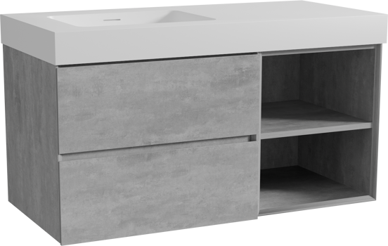 Storke Edge zwevend badmeubel 110 x 52 cm beton donkergrijs met Mata High asymmetrisch linkse wastafel in solid surface mat wit