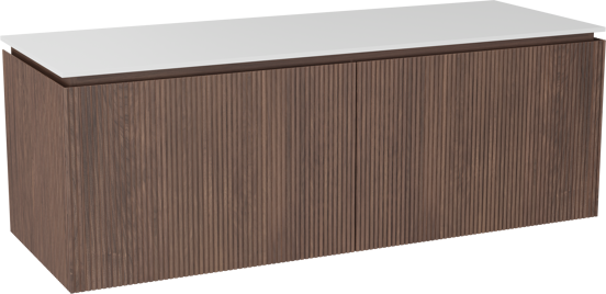 Balmani Eclips meuble salle de bains suspendu 150 x 55 cm Noyer américain avec Stretto tablette simple ou double en Solid Surface blanc mat, Nervure droite symétrique verticale