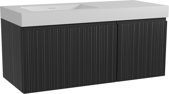Storke Ribs meuble salle de bains suspendu 120 x 52 cm chêne noir avec Mata High vasque asymétrique gauche en solid surface blanc mat, Nervure droite asymétrique verticale