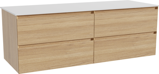 Balmani Mitra hängendes Möbelstück Set: 150 x 55 cm, Naturbelassene Eiche, mit Stretto Einzel- oder Doppel Waschtischplatte, Solid Surface Weiß matt
