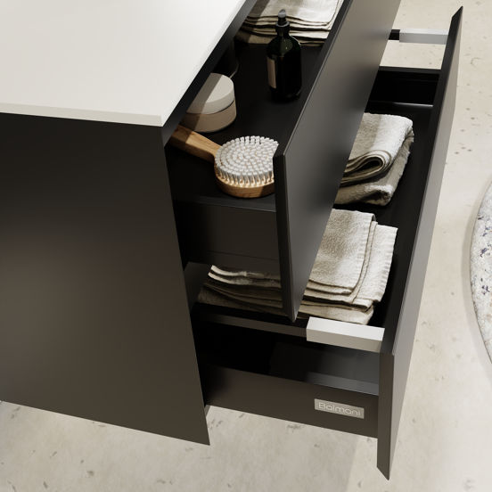 Balmani Mitra zwevend badkamermeubel 120 x 55 cm mat zwart met Stretto enkel of dubbel tablet in solid surface mat wit