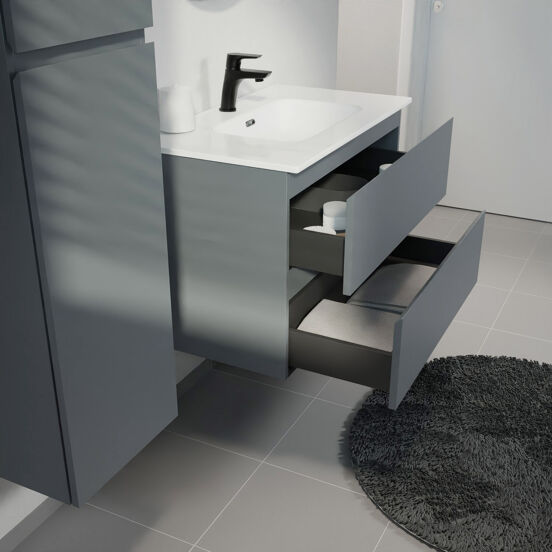 Linie Lado meuble salle de bains suspendu 80 x 46 cm bleu anthracite avec Baro plan simple en porcelaine blanc brillant