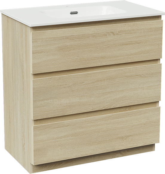 Linie Lado staand badmeubel 80 x 46 cm wit eiken met Baro enkele wastafel in porselein hoogglans wit