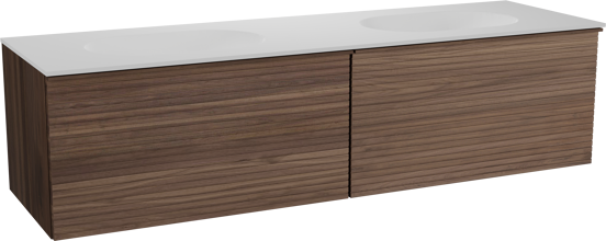 Balmani Forma zwevend badkamermeubel 180 x 55 cm amerikaanse notelaar met Tablo Oval dubbele wastafel in solid surface mat wit, Horizontale symmetrische rechte ribbel