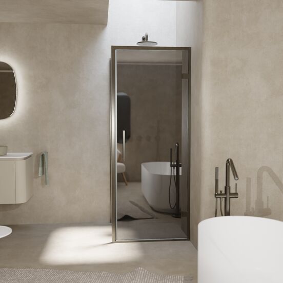 Balmani Senses Design douche en coin avec porte pivotante à droite et paroi latérale fixe, 90 x 80 cm, Miroir Reflex, Profil Brushed GunMetal, coating inclus