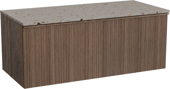 Balmani Forma hängendes Möbelstück Set: 120 x 55 cm, Amerikanischer Nussbaum, mit Stretto Einzel- oder Doppel Waschtischplatte, Terrazzo in Greige, Vertikale asymmetrische Runde Rippe