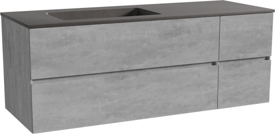 Storke Edge zwevend badmeubel 140 x 52 cm beton donkergrijs met Scuro asymmetrisch linkse wastafel in kwarts mat zwart