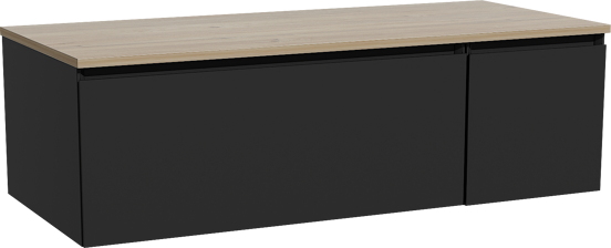 Storke Edge zwevend badkamermeubel 120 x 52 cm mat zwart met Panton enkel of dubbel tablet in melamine ruwe eik