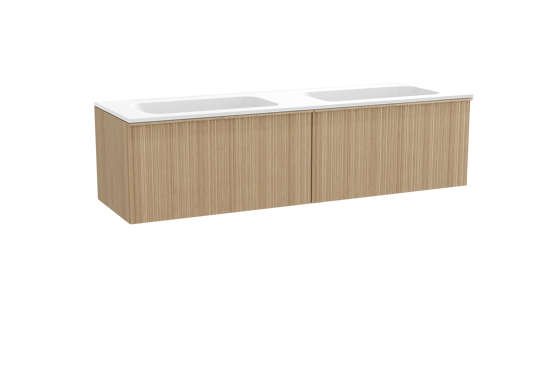 Balmani Forma zwevend badkamermeubel 180 x 55 cm natuur eik met Tablo Strada dubbele wastafel in composietmarmer mat wit, Verticale asymmetrische ronde ribbel