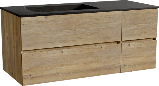 Storke Edge zwevend badmeubel 120 x 52 cm ruw eiken met Scuro asymmetrisch linkse wastafel in kwarts mat zwart