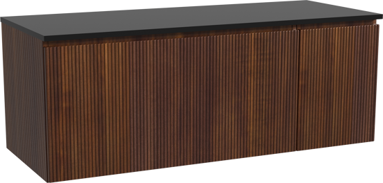 Storke Ribs zwevend badmeubel 130 x 52 cm notenhout met Panton enkel of dubbel wastafelblad in gepoedercoate mdf mat zwart, Verticale symmetrische rechte ribbel