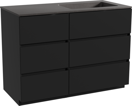 Storke Edge staand badmeubel 110 x 52 cm mat zwart met Scuro asymmetrisch rechtse wastafel in kwarts mat zwart