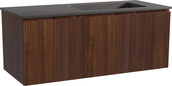 Storke Ribs meuble salle de bains suspendu 120 x 52 cm noyer avec Scuro plan vasque asymétrique à droite en quartz noir mat, Nervure droite symétrique verticale