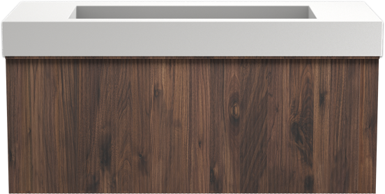 Balmani Forma zwevend badkamermeubel 120 x 55 cm amerikaanse notelaar met Modus enkele wastafel voor 2 kraangaten in solid surface mat wit, Verticale symmetrische rechte ribbel
