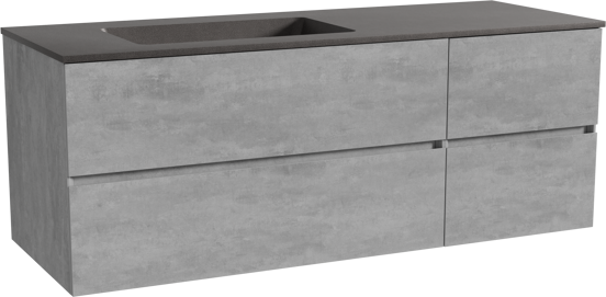 Storke Edge zwevend badmeubel 140 x 52 cm beton donkergrijs met Scuro asymmetrisch linkse wastafel in kwarts mat zwart
