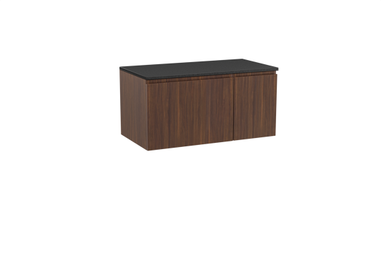 Storke Ribs zwevend badkamermeubel 100 x 52 cm notelaar met Panton enkel tablet in gepoedercoate mdf mat zwart, Verticale symmetrische rechte ribbel