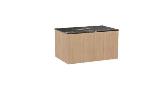 Balmani Fila hängendes Möbelstück Set: 90 x 55 cm, Naturbelassene Eiche, mit Stretto Einzel Waschtischplatte, Marmor, Portoro Gold, Vertikale symmetrische gerade Rippe