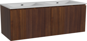 Storke Ribs zwevend badmeubel 130 x 52 cm notenhout met Diva dubbele wastafel in composietmarmer hoogglans wit, Verticale symmetrische rechte ribbel