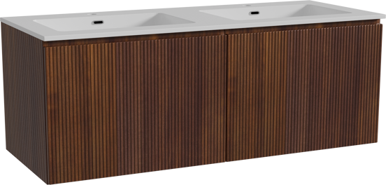 Storke Ribs meuble salle de bains suspendu 130 x 52 cm noyer avec Diva double vasque en marbre composite blanc brillant, Nervure droite symétrique verticale
