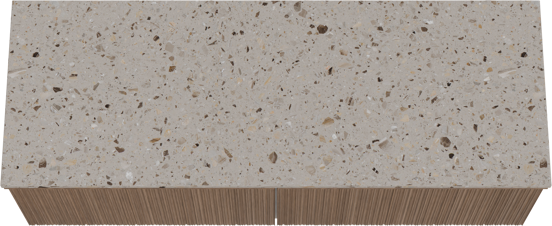 Balmani Forma zwevend badkamermeubel 150 x 55 cm amerikaanse notelaar met Stretto enkel of dubbel tablet in terrazzo greige terrazzo, Verticale asymmetrische ronde ribbel