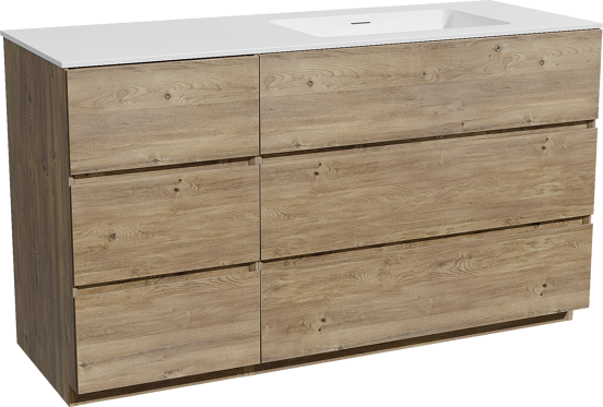 Storke Edge meuble salle de bains à poser 140 x 52 cm chêne brut avec Mata plan vasque asymétrique à droite en solid surface blanc mat