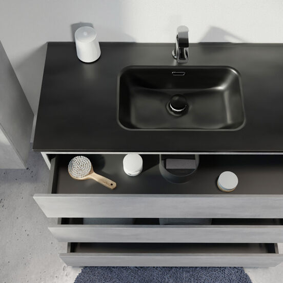 Linie Lado freistehendes Möbelstück Set: 120 x 46 cm, Beton dunkelgrau, mit Baro Doppelwaschtisch, Porzellan Schwarz matt