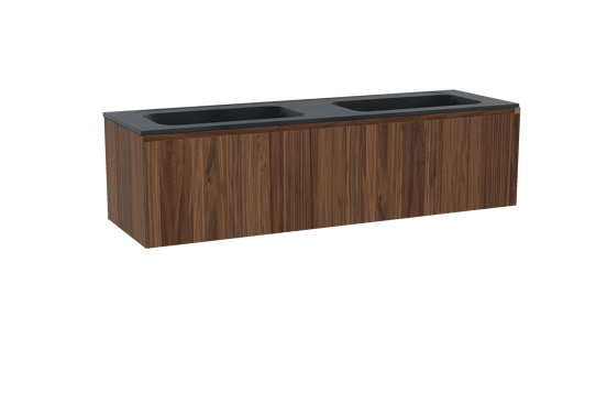 Balmani Idra hängendes Möbelstück Set: 180 x 55 cm, Nussbaum, mit Tablo Strada Doppelwaschtisch, Marmorkomposit Schwarz matt
