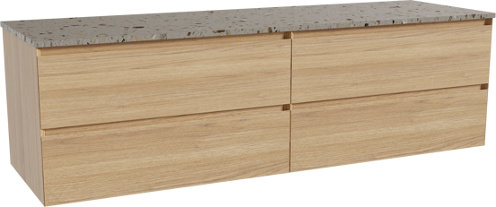 Balmani Mitra zwevend badkamermeubel 180 x 55 cm natuur eik met Stretto enkel of dubbel tablet in terrazzo greige terrazzo