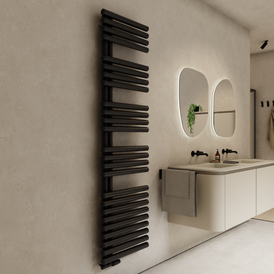 Vipera Avila enkele handdoekradiator 50 x 187 cm centrale verwarming mat zwart middenaansluiting 952W