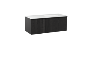 Balmani Forma zwevend badkamermeubel 120 x 55 cm zwarte eik met Tablo Oval asymmetrisch rechtse wastafel in solid surface mat wit, Verticale symmetrische rechte ribbel
