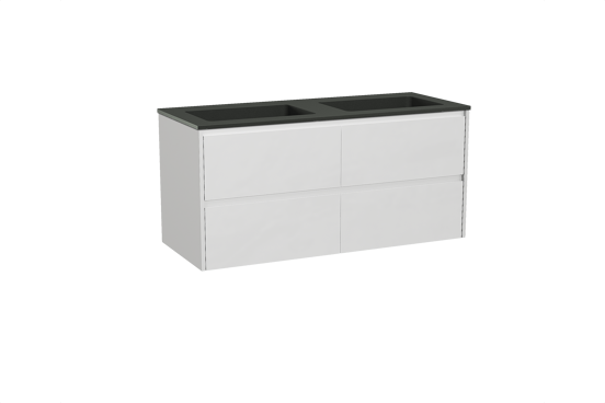 Storke Seda zwevend badmeubel 130 x 52 cm mat wit met Scuro dubbele wastafel in kwarts mat zwart