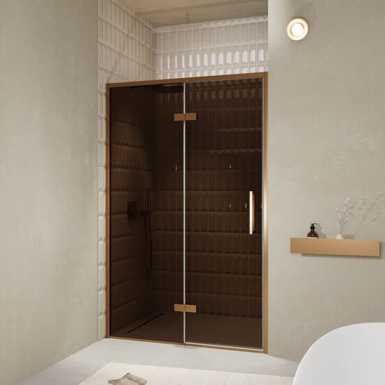 Balmani Senses Design Dusche Drehtür, Links, 140 cm x 210 cm, Bronze, Profil Brushed Rosegold, inklusive Coating