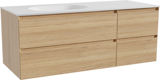 Balmani Mitra meuble salle de bains suspendu 135 x 55 cm chêne naturel avec Tablo Oval vasque asymétrique gauche en solid surface blanc mat
