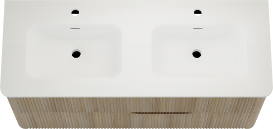 Linie Curvo zwevend badmeubel 120 x 46 cm licht eiken met Baro Curvo dubbele wastafel in porselein hoogglans wit, Verticale symmetrische ronde ribbel