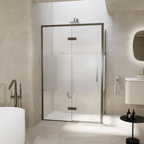 Balmani Senses Design douchehoek met linkse draaideur en vaste zijwand, 120 x 100 cm, Helder glas met matte strook, Brushed GunMetal profielen, met coating