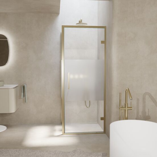 Balmani Senses Design douchehoek met rechtse draaideur en vaste zijwand, 90 x 80 cm, Helder glas met matte strook, Brushed Champagne Gold profielen, met coating