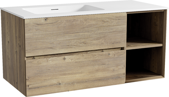 Storke Edge zwevend badmeubel 110 x 52 cm ruw eiken met Mata asymmetrisch linkse wastafel in solid surface mat wit
