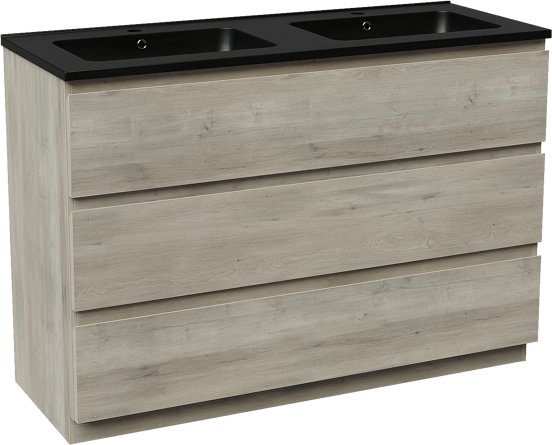 Linie Lado freistehendes Möbelstück Set: 120 x 46 cm, Graue Eiche, mit Vano Doppelwaschtisch, Marmorkomposit Schwarz matt