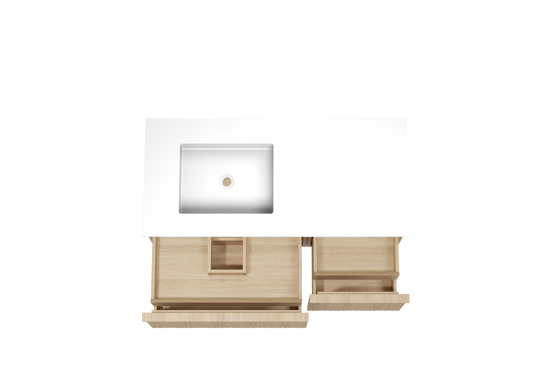 Balmani Forma meuble salle de bains suspendu 120 x 55 cm chêne naturel avec Tablo Stretto vasque asymétrique gauche en solid surface blanc mat, Nervure circulaire asymétrique verticale