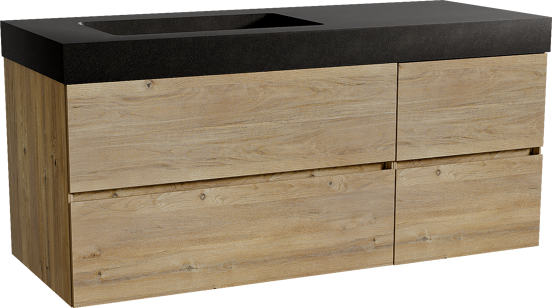 Storke Edge meuble salle de bains suspendu 130 x 52 cm chêne brut avec Scuro High plan vasque asymétrique à gauche en quartz noir mat
